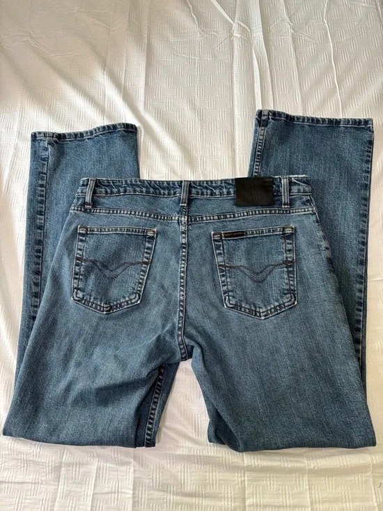 Harley-Davidson VTG Jeans Bootcut Women 14 Black Leather Patch 5 Pocket Zip fly - Picture 2 of 16